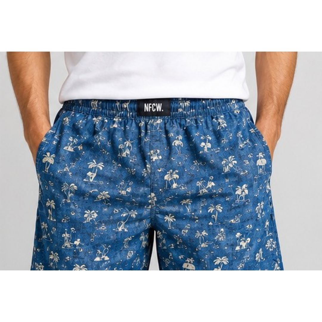 Tropical Palm Print Lounge Shorts – Indigo Blue